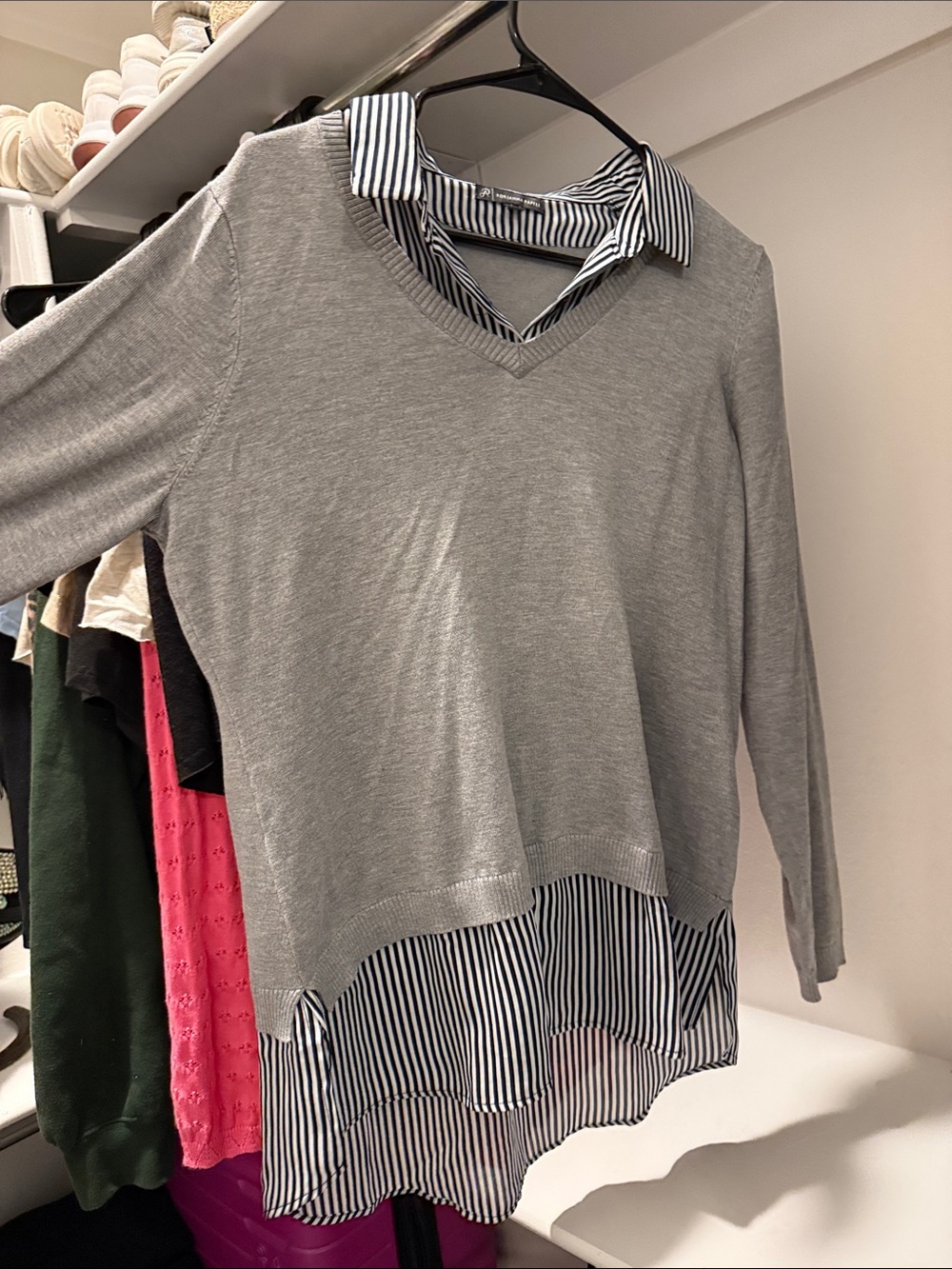Adrianna Papell Gray Sweater-Layered Blouse with Black and White Stripes